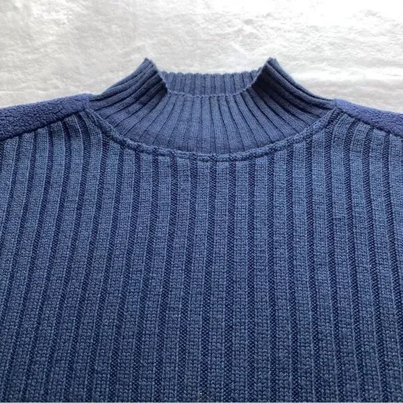 Bruebeck Dark Blue Rib Knit Fleece Sleeves Pullover Mock Turtleneck Sweater